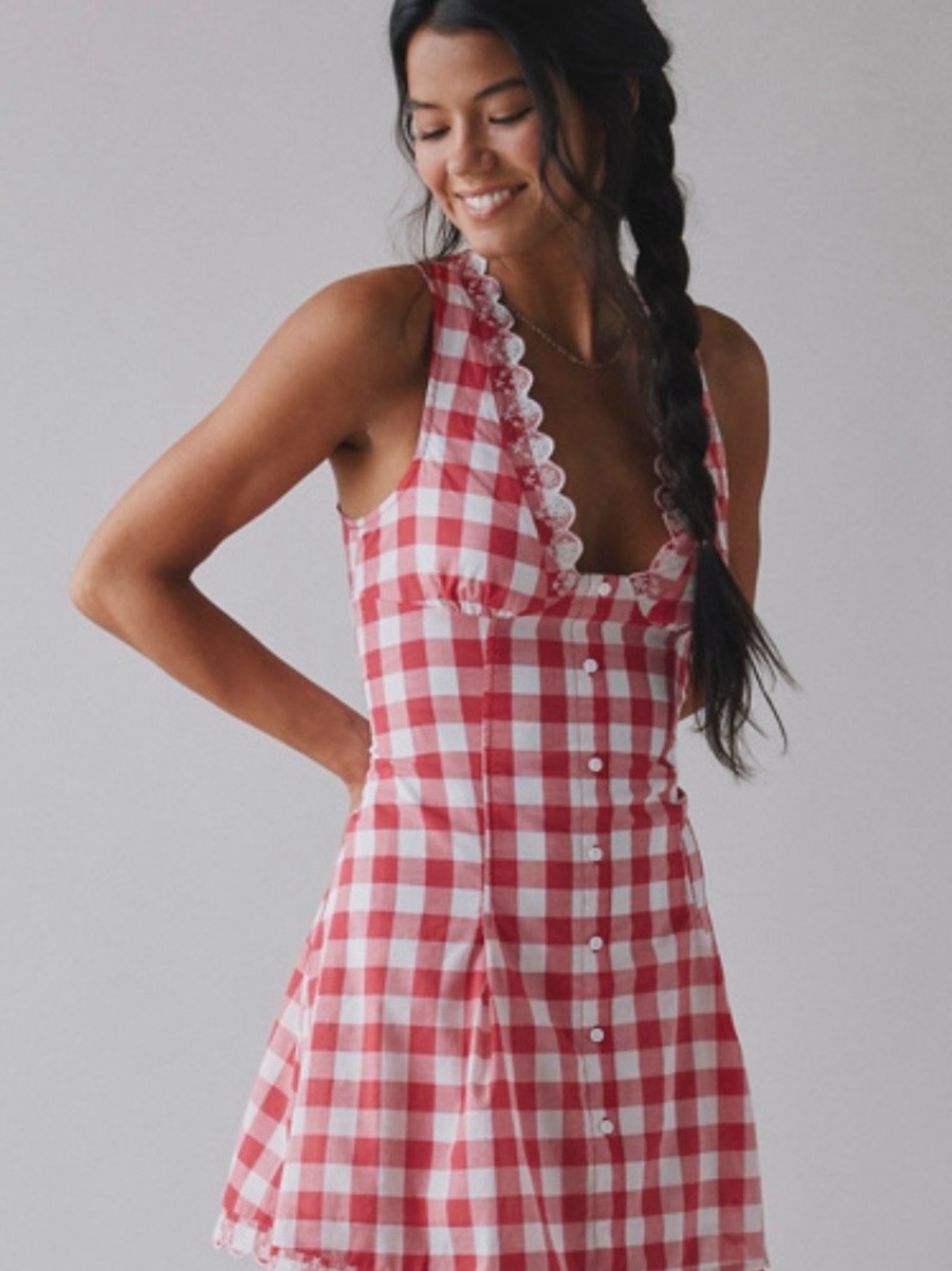 Frankie's Bikinis x Bella Hadid Red and White Gingham Button-Front Mini Dress